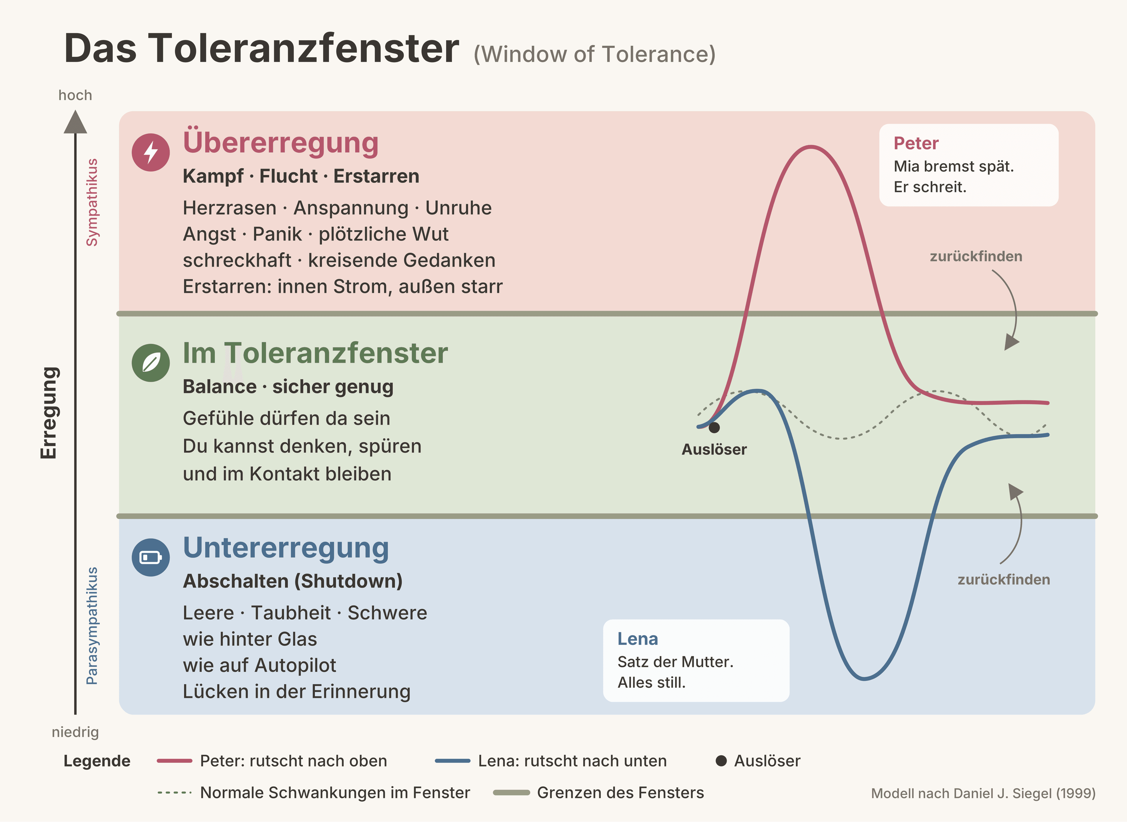 Das Toleranzfenster, Eigene Grafik nach Daniel J. Siegel (1999) erstellt mit KI-Unterstützung.